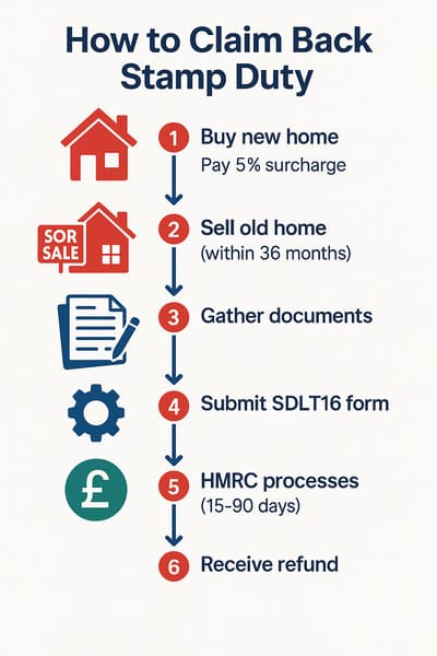 Stamp Duty Refund - Your Complete Guide to Claiming Back £15,000-£50,000 in 2025 4 Step-by-step flowchart showing how to claim back stamp duty refund through HMRC
