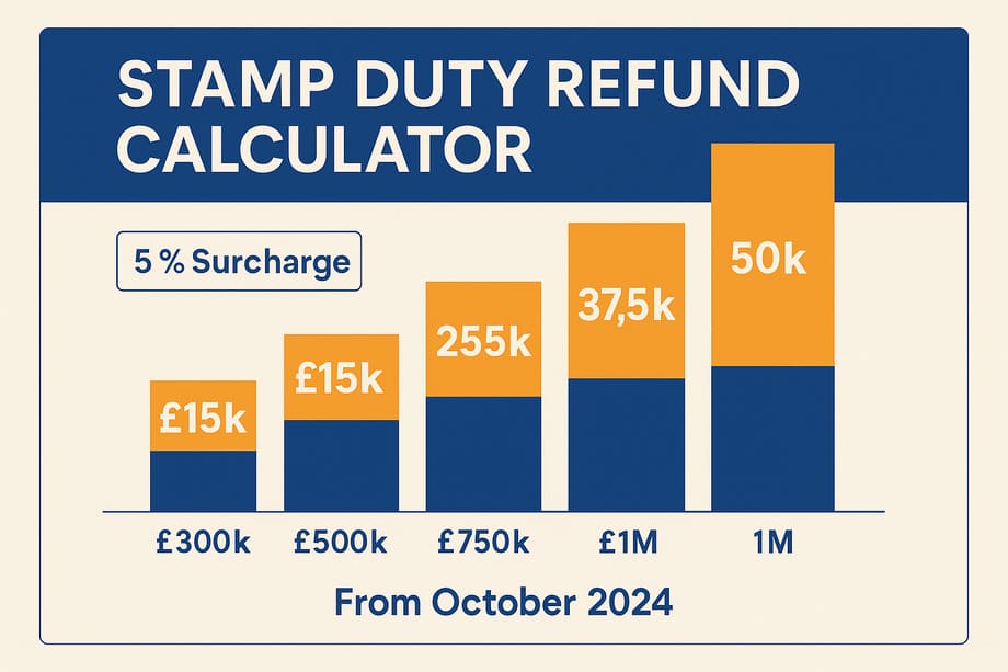 Stamp Duty Refund - Your Complete Guide to Claiming Back £15,000-£50,000 in 2025 3 Stamp duty refund calculator showing refund amounts from £15,000 to £50,000 for UK properties